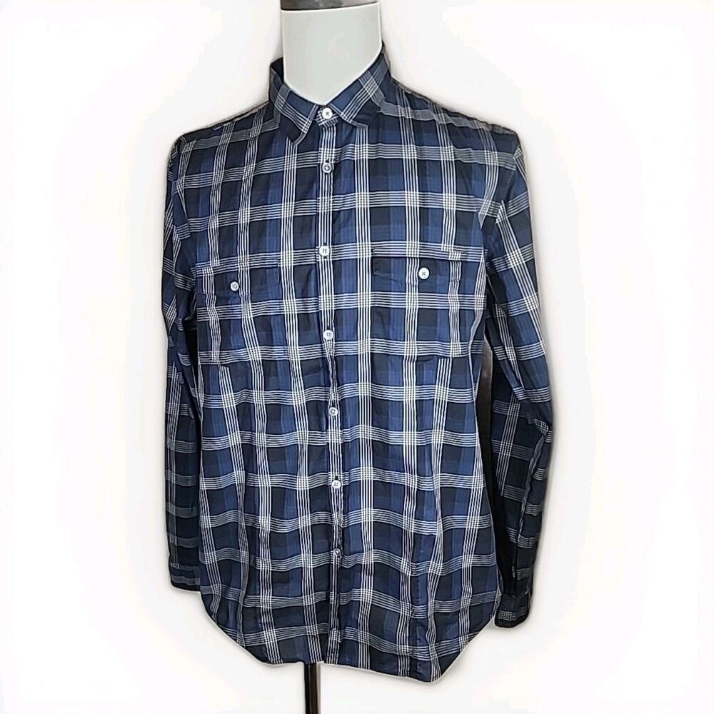 John Varvatos Mens XL Blue Black Plaid Button Up Double Pocket Long Sleeve